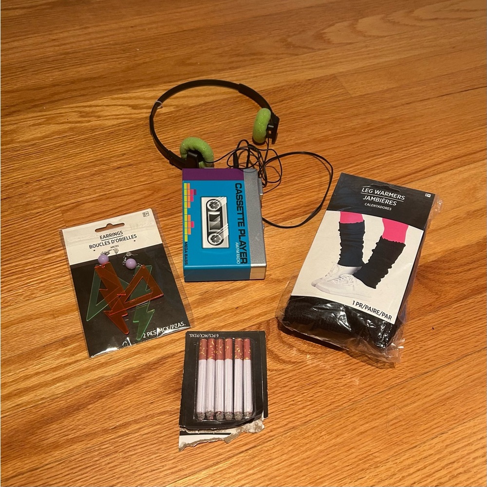 80’s Party Accessories. Earrings, Leg Warmers, Cassette player and cigarettes!